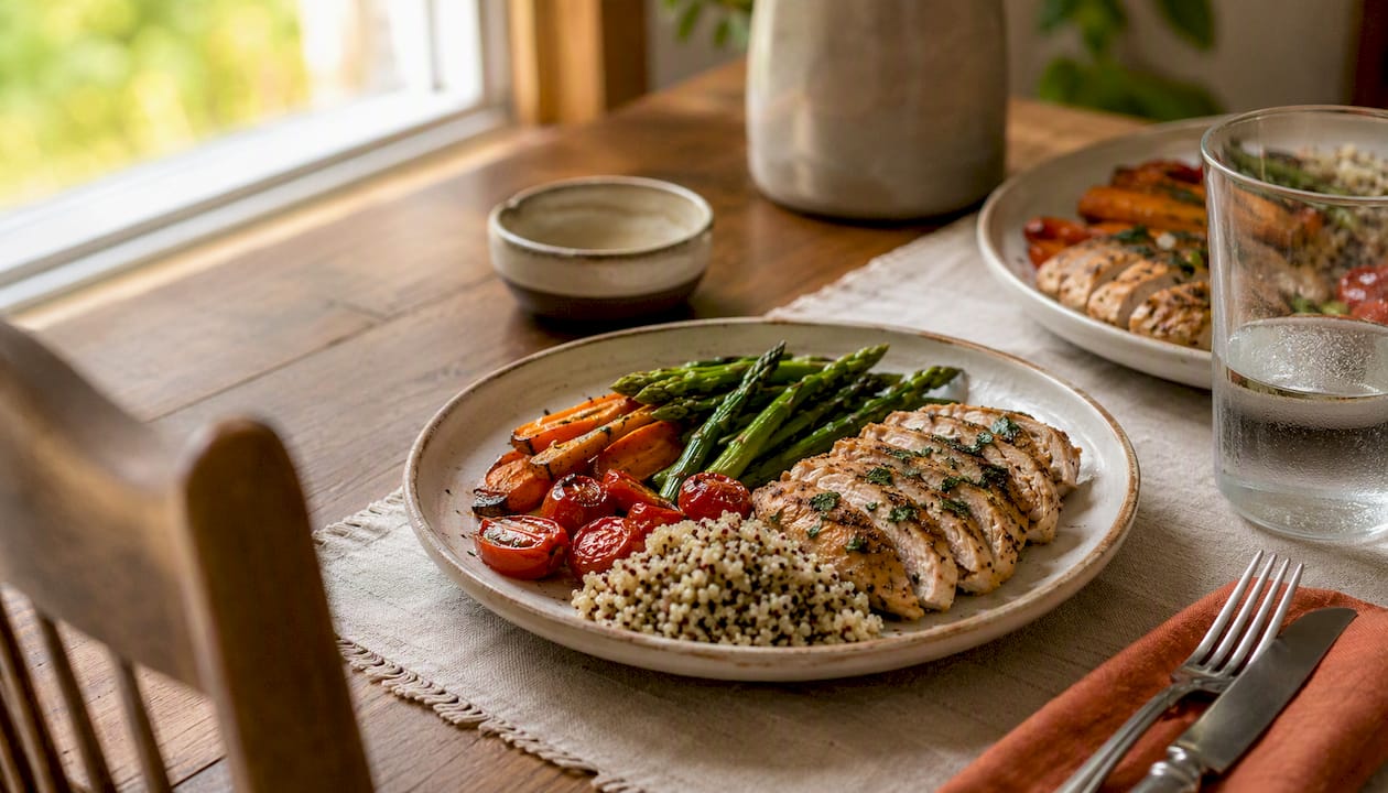 Plated calorie-deficit dinner with chicken and vegetables