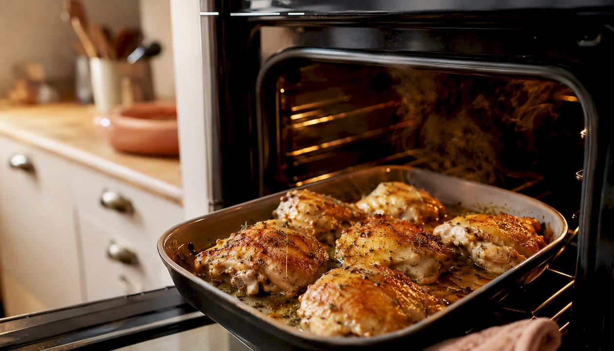 Herb-roasted chicken cooking inside oven