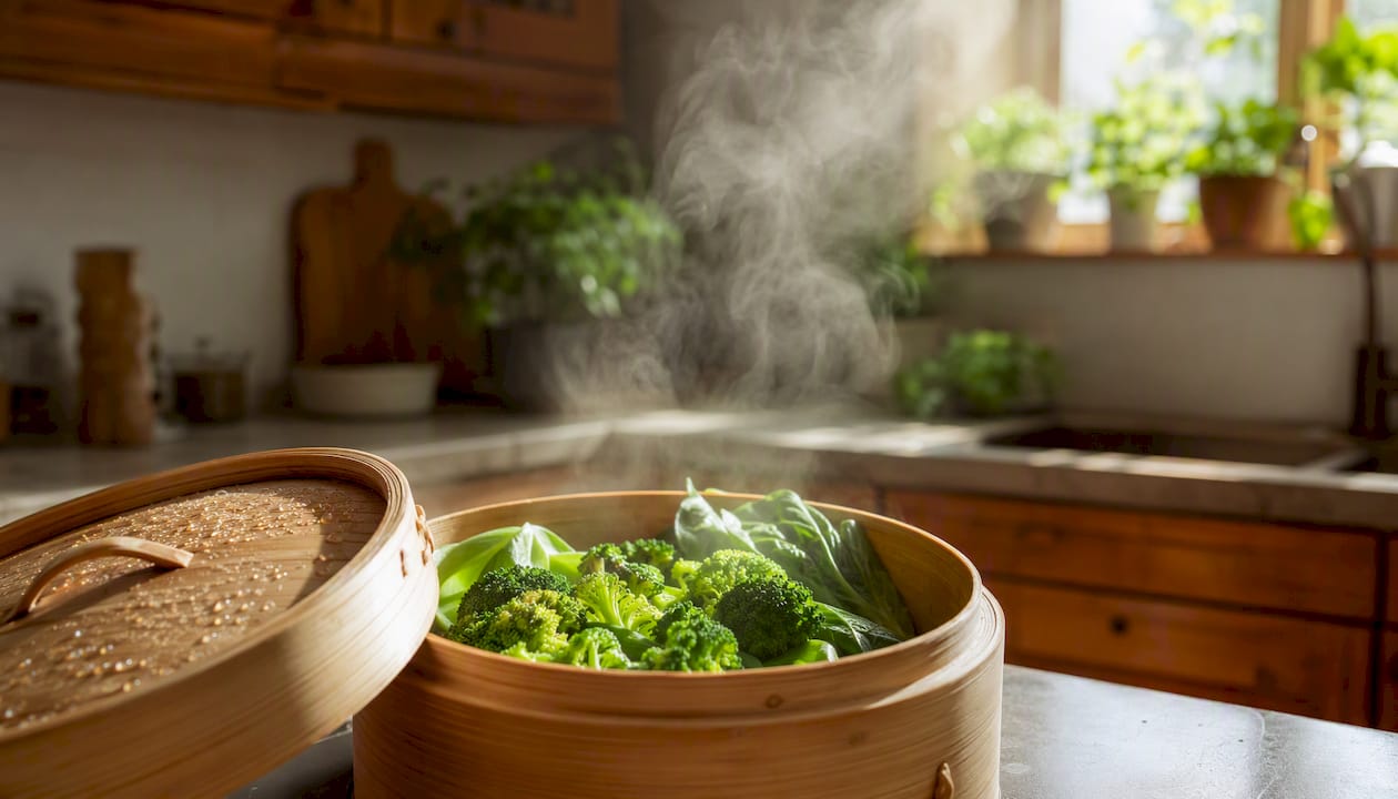 Fresh vegetables steaming on stove