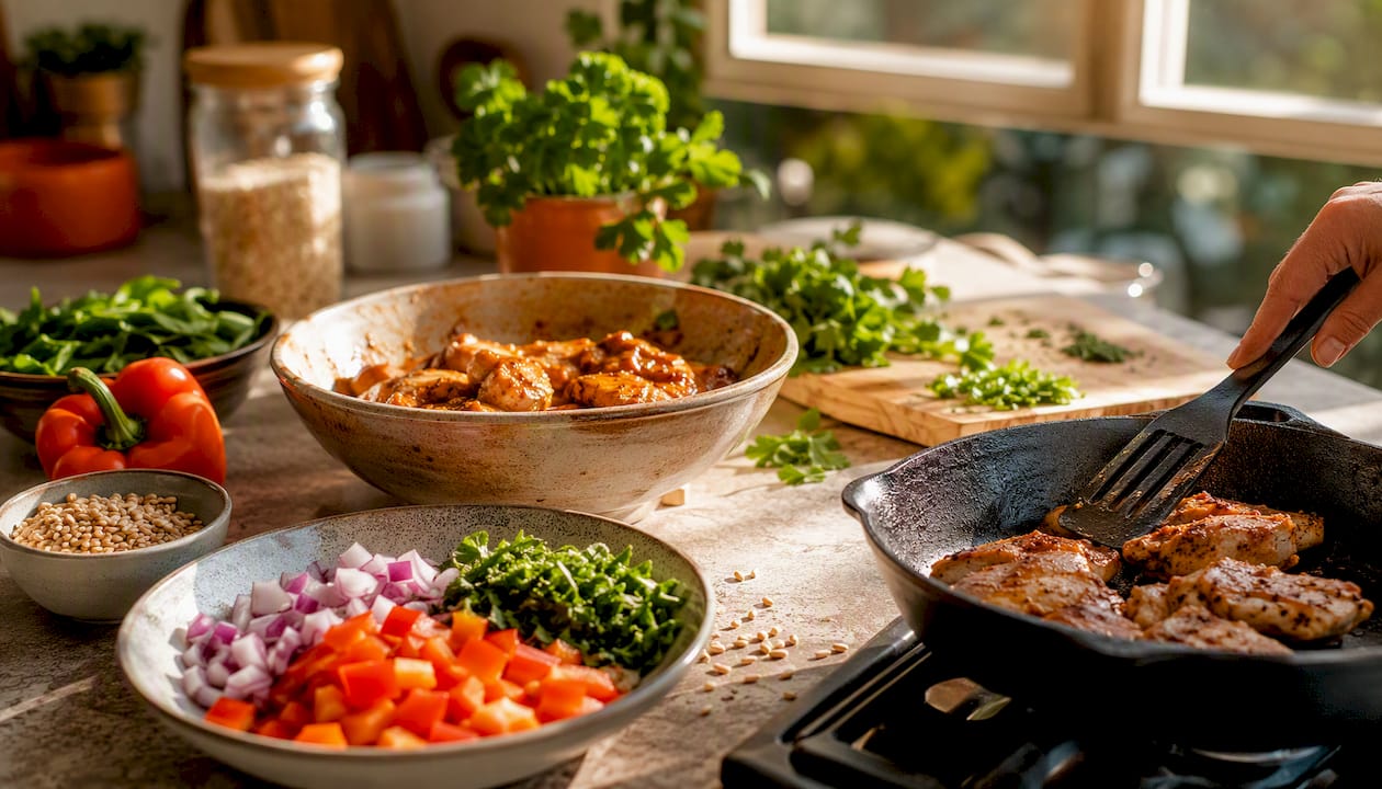 Mediterranean dinner ingredients and one-pan chicken