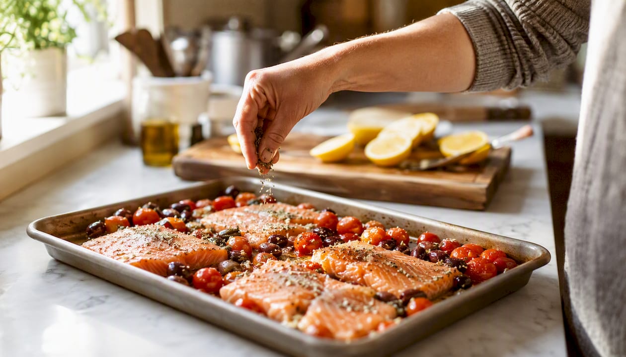 Preparing sheet pan Mediterranean dinner