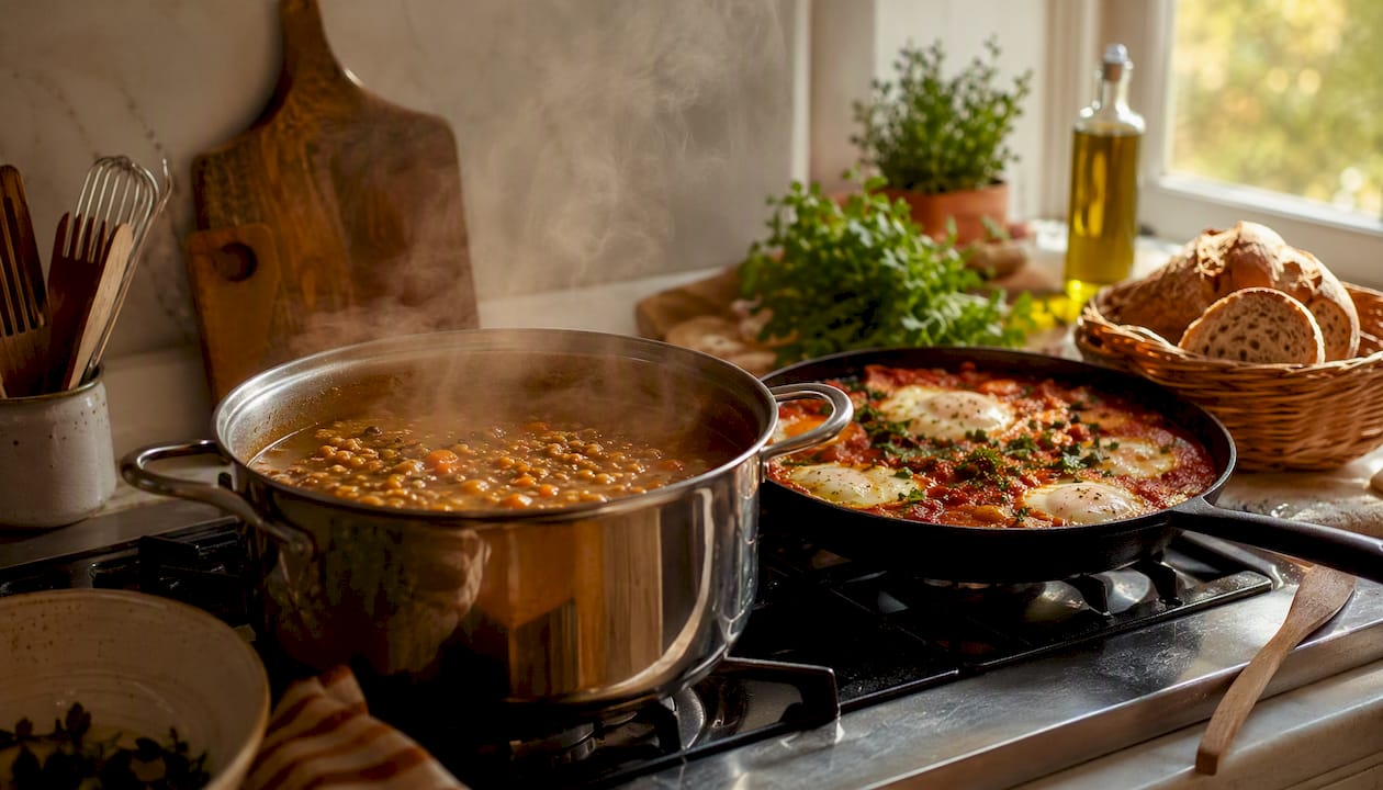Simmering lentil soup and shakshuka in kitchen