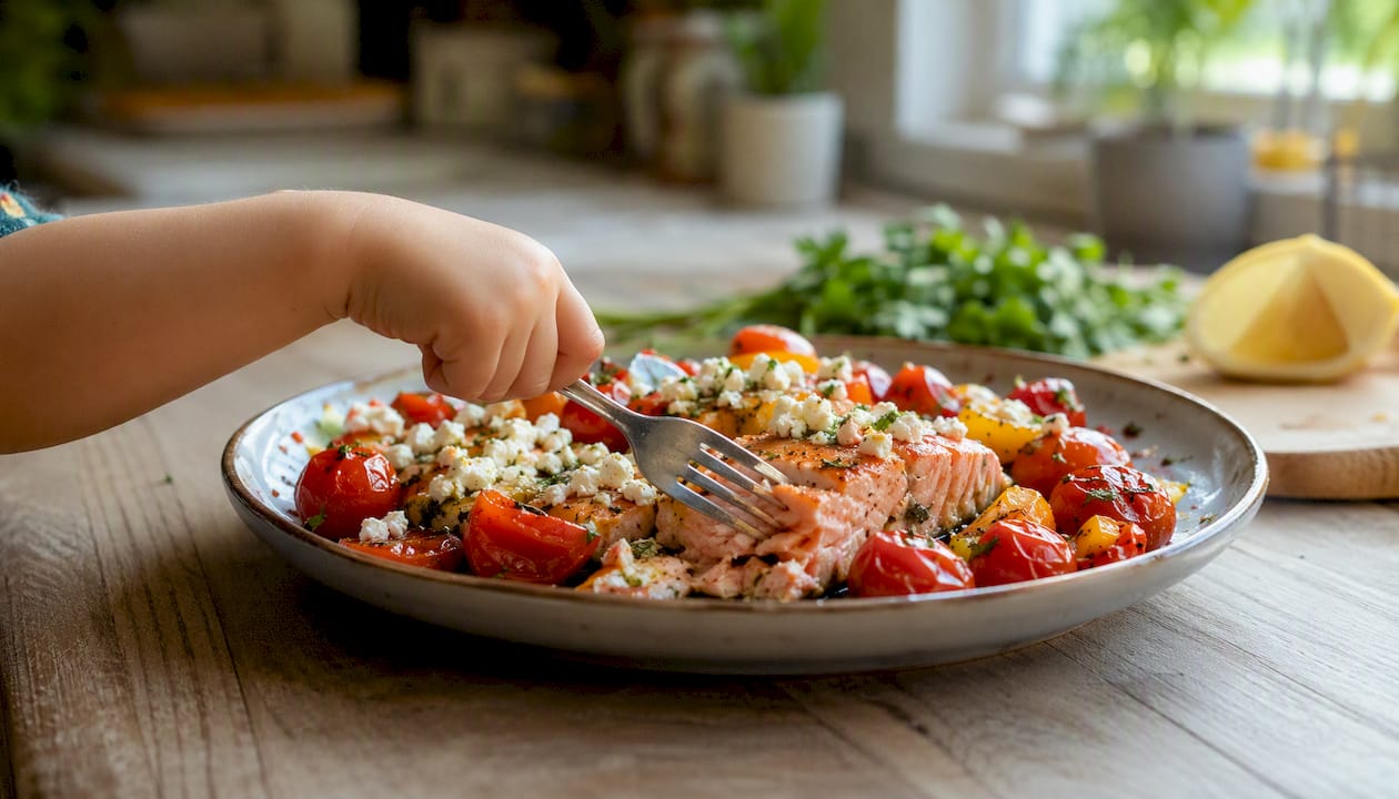 Kid-friendly plate of Mediterranean salmon dinner