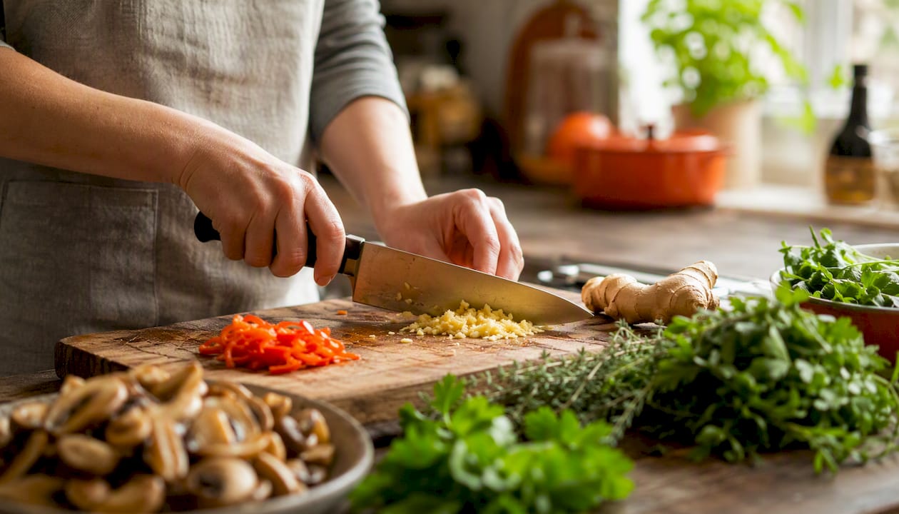 Hands chopping ginger and paprika for gentle dinner
