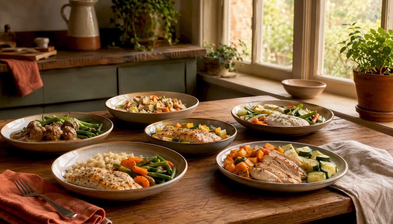 Variety of GERD-friendly plated dinners on table