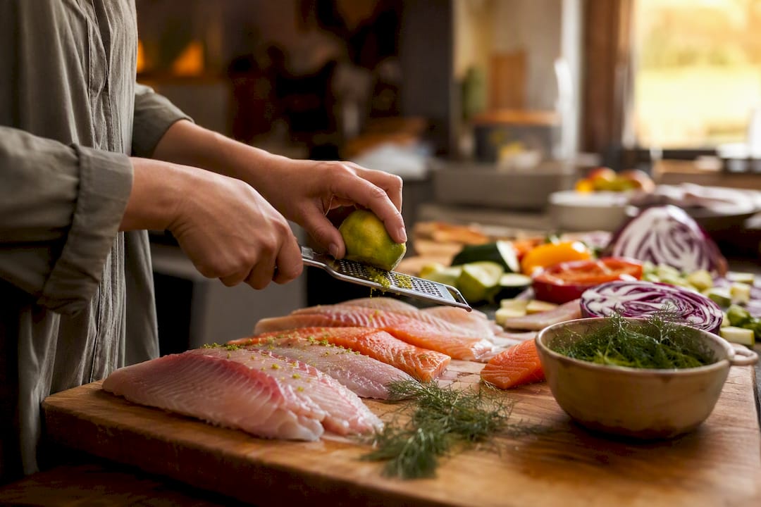 Hands seasoning fresh fish with vegetables on board