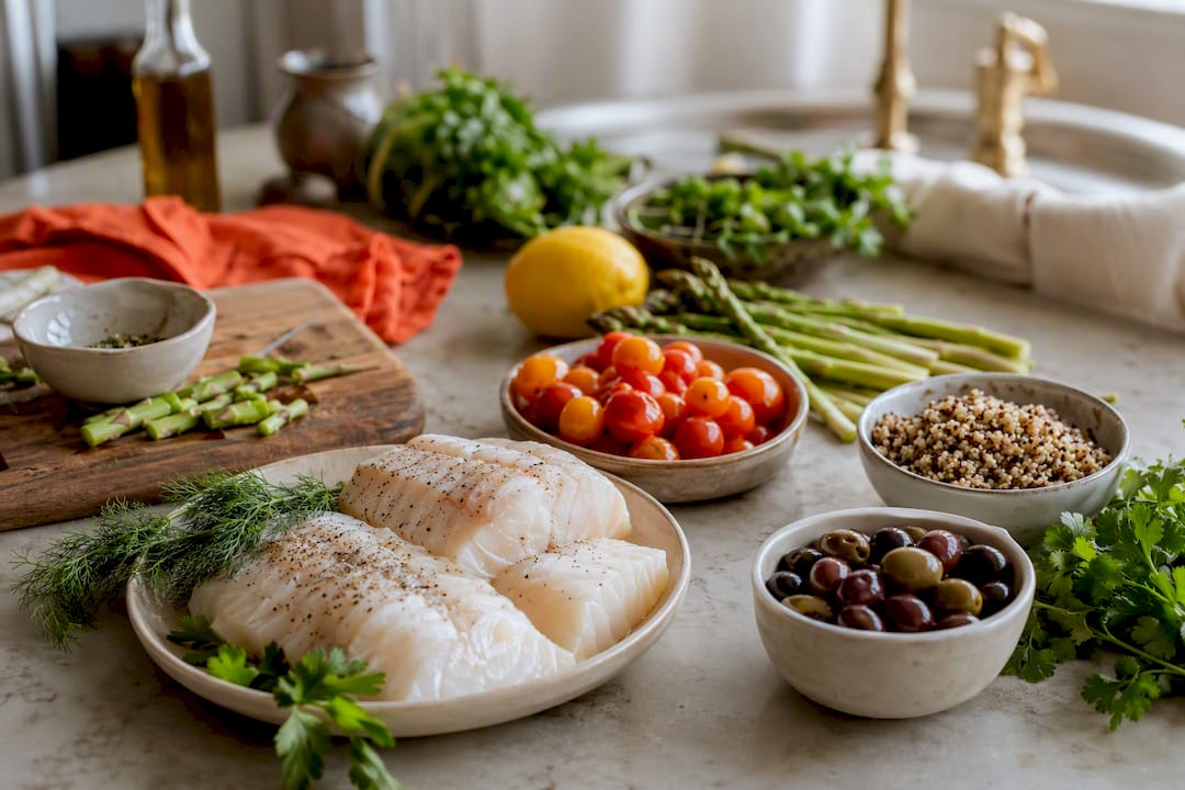 Pescatarian grocery ingredients laid out on counter