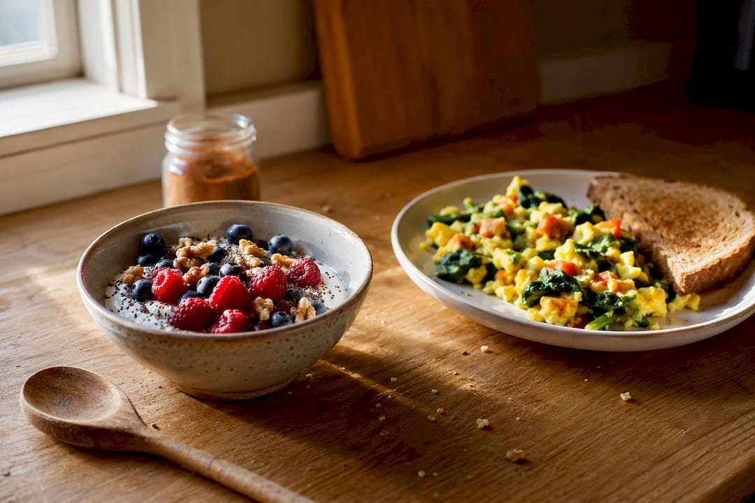 PCOS friendly breakfast plates with yogurt and eggs