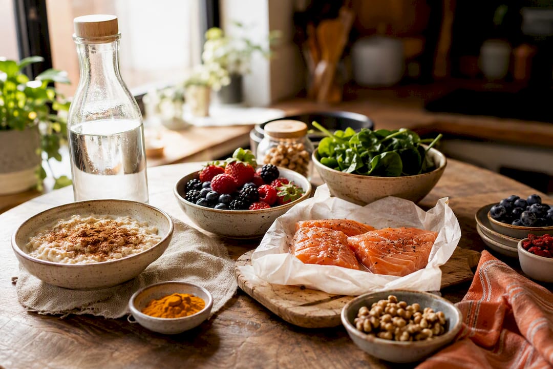 Fiber rich foods and omega-3 ingredients on table