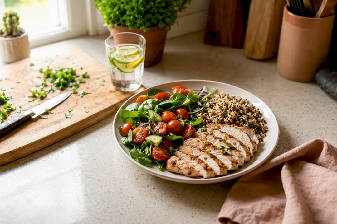Balanced PCOS-friendly meal plate on kitchen counter