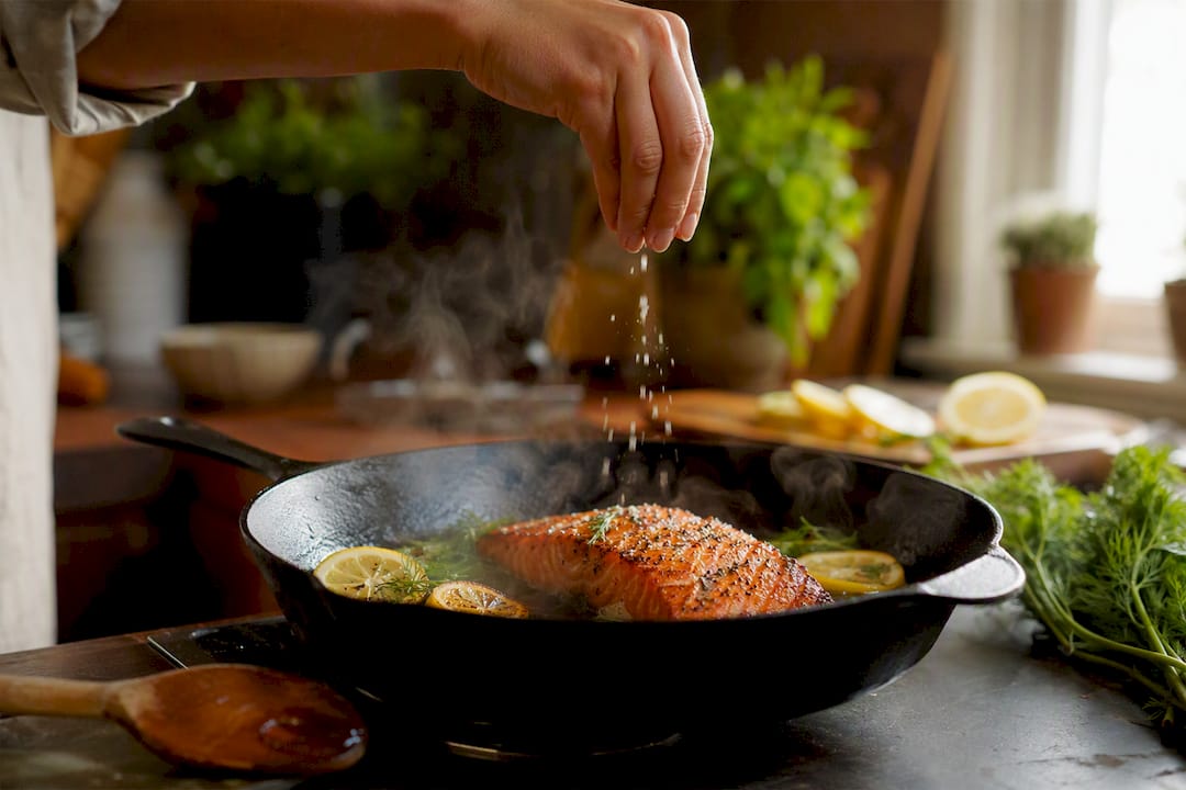 Salmon cooking in skillet with herbs