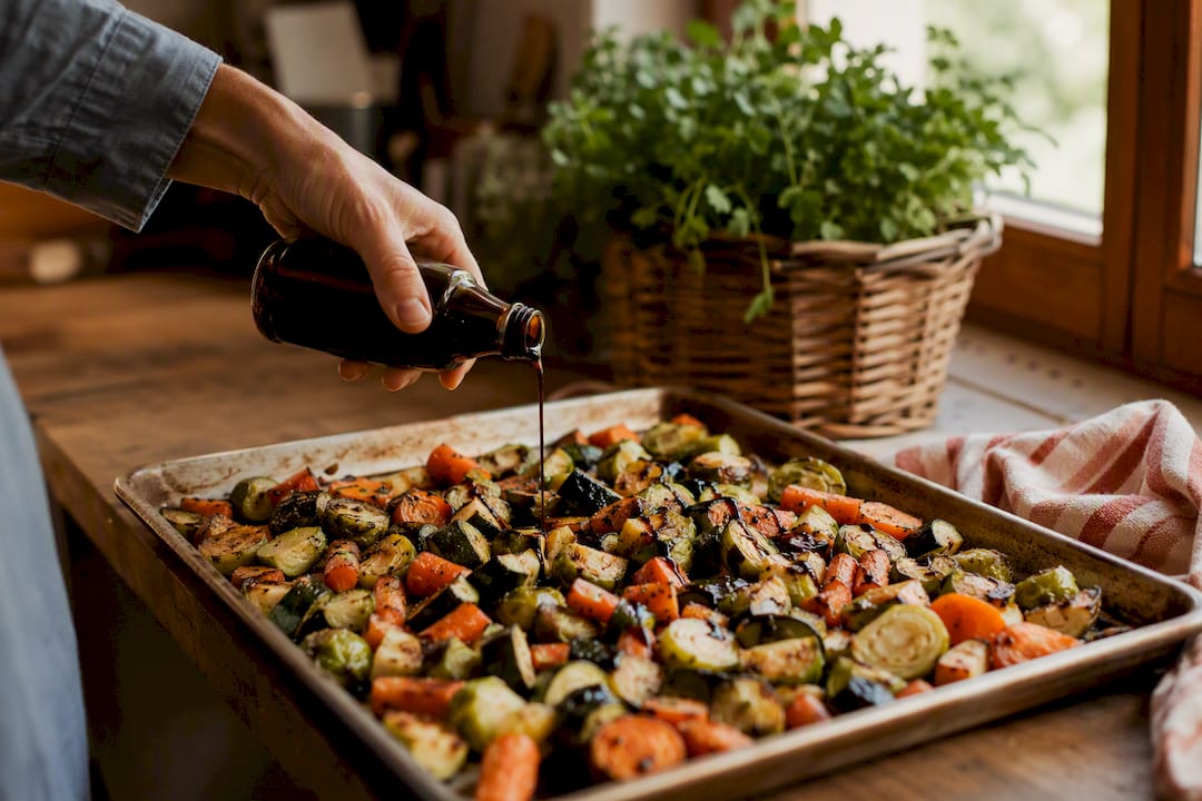 Hands seasoning sheet pan roasted vegetables