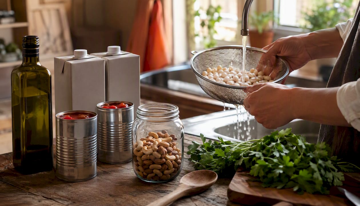 Hands rinsing canned beans with low sodium pantry staples
