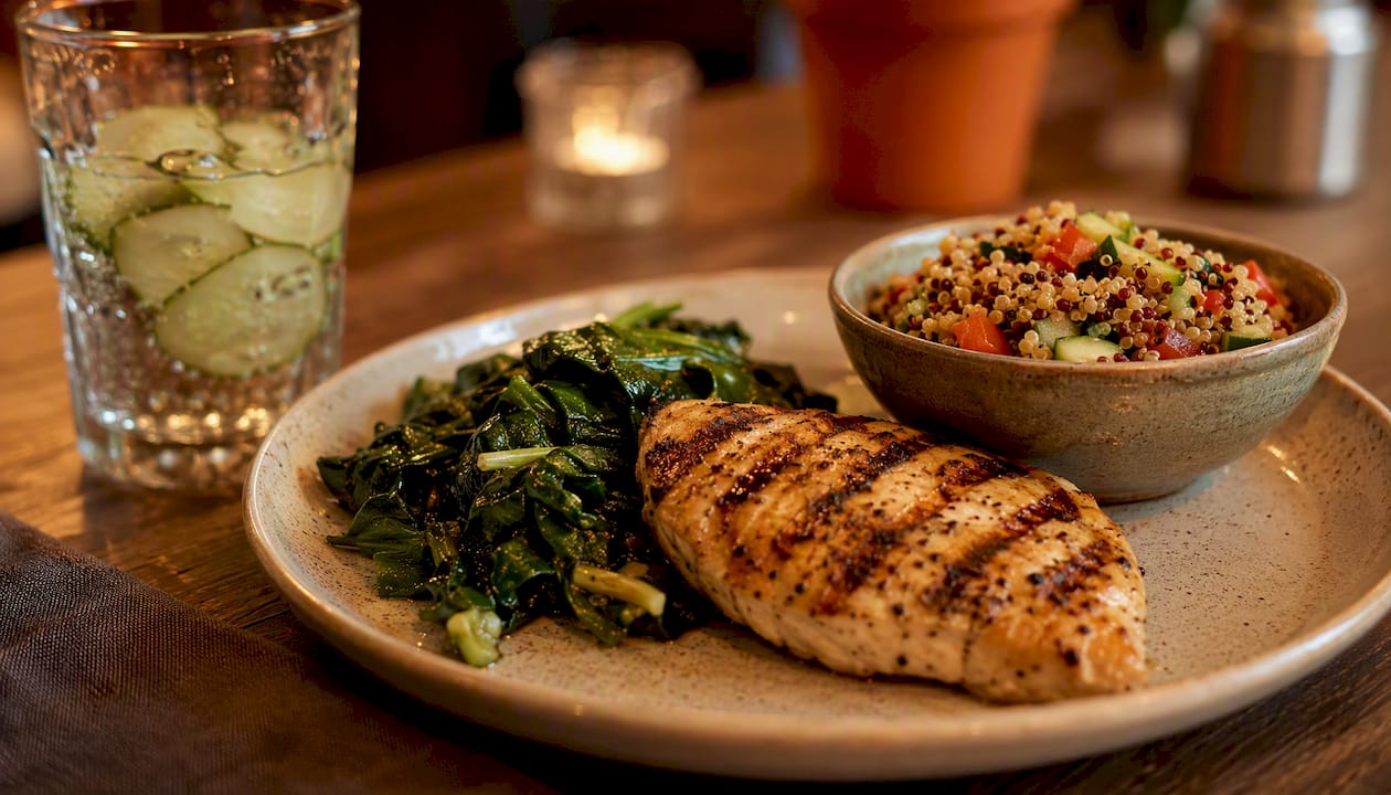 Plated grilled fish with steamed vegetables and side salad