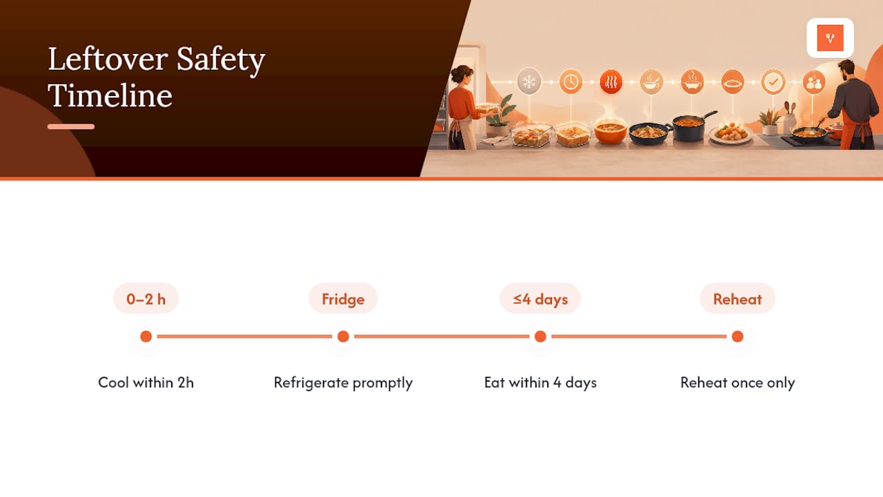 Infographic showing leftover safety timeline and reheating rules