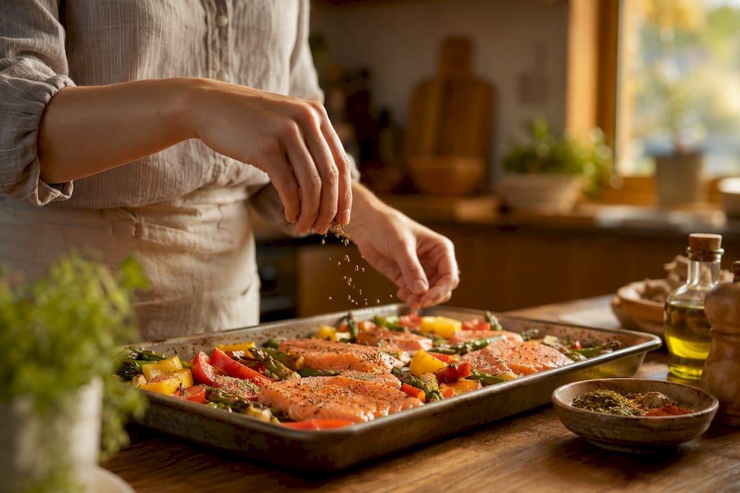 Hands seasoning sheet pan with salmon and veggies