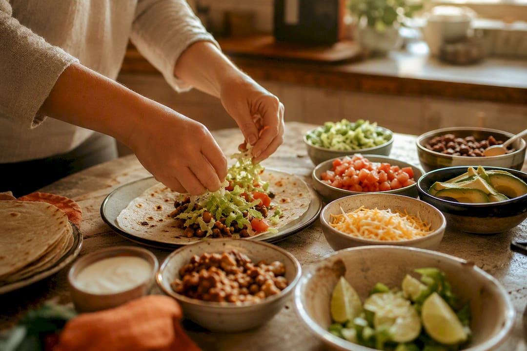 Hands cooking ground meat and vegetables in skillet