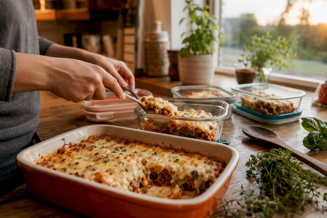 Hands portioning casserole into meal prep containers