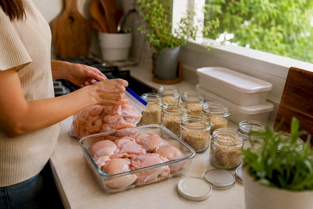 Bulk proteins and grains prepped for meal prep