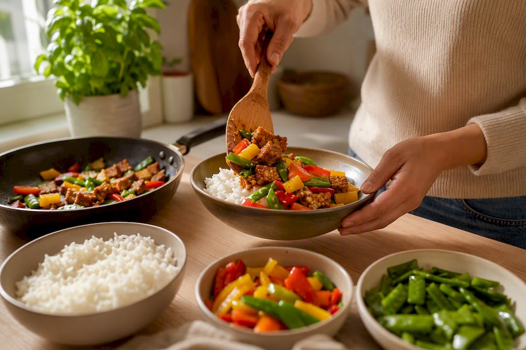 Hands assembling plant-based protein dinner bowl