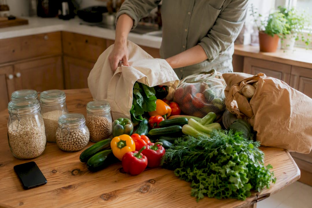 Hands unpacking groceries next to calendar