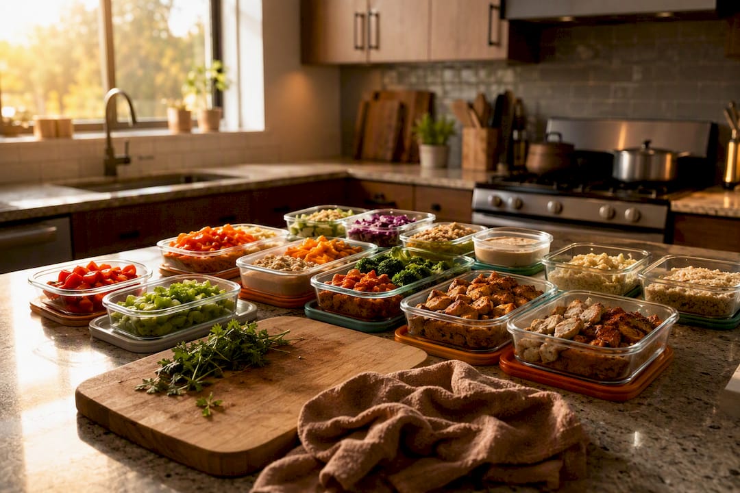 Containers with prepped ingredients for meal rotation