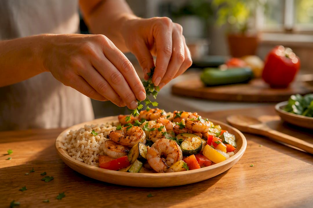 Hands plating a low calorie dinner in kitchen