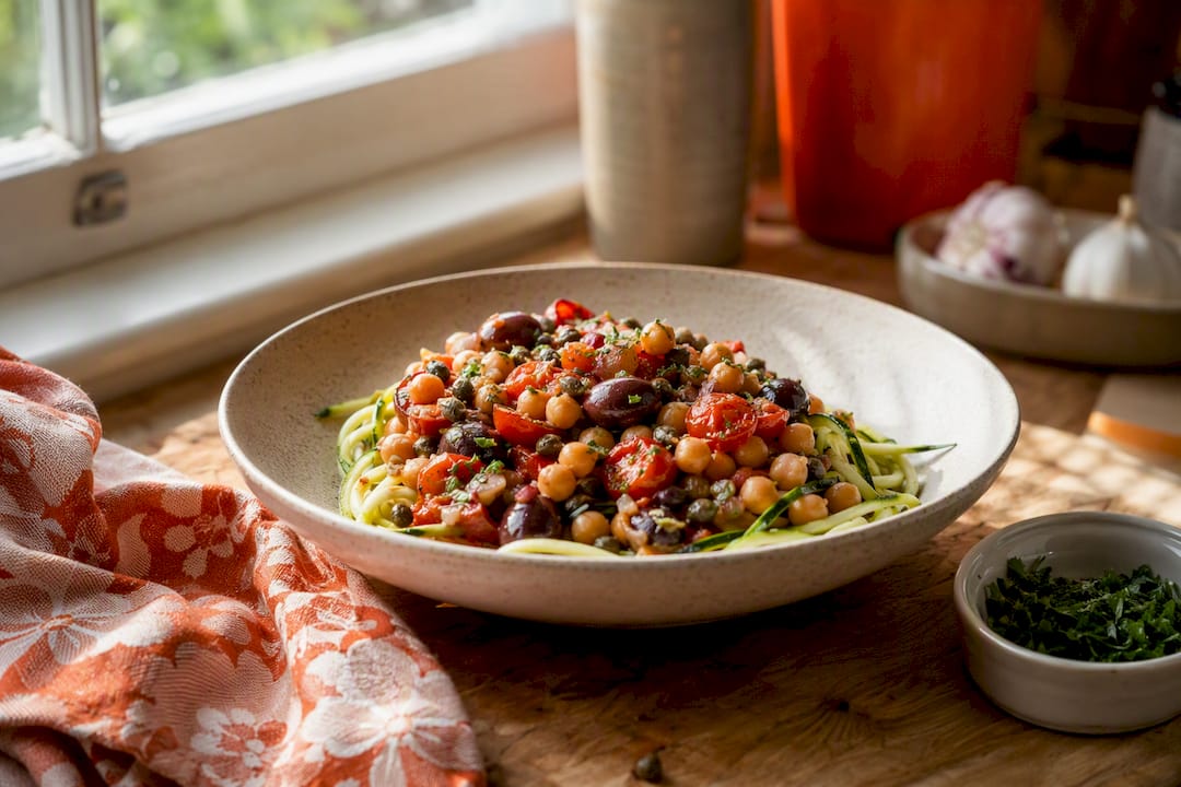 Bowl of chickpea puttanesca with zucchini noodles