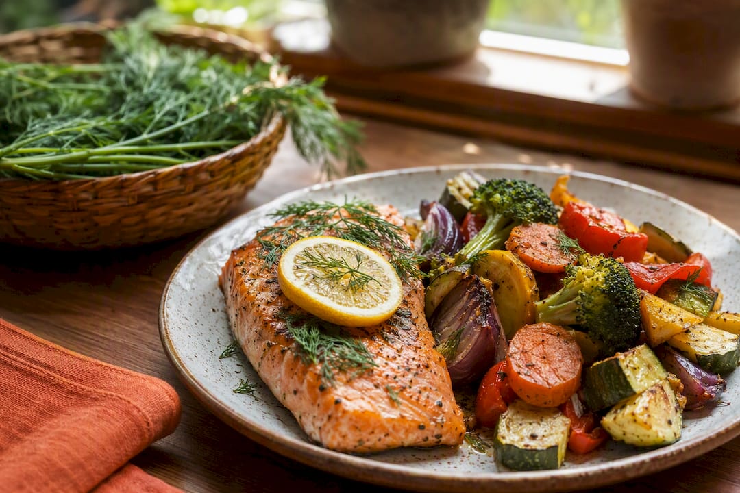 Plated air-fryer salmon with roasted vegetables