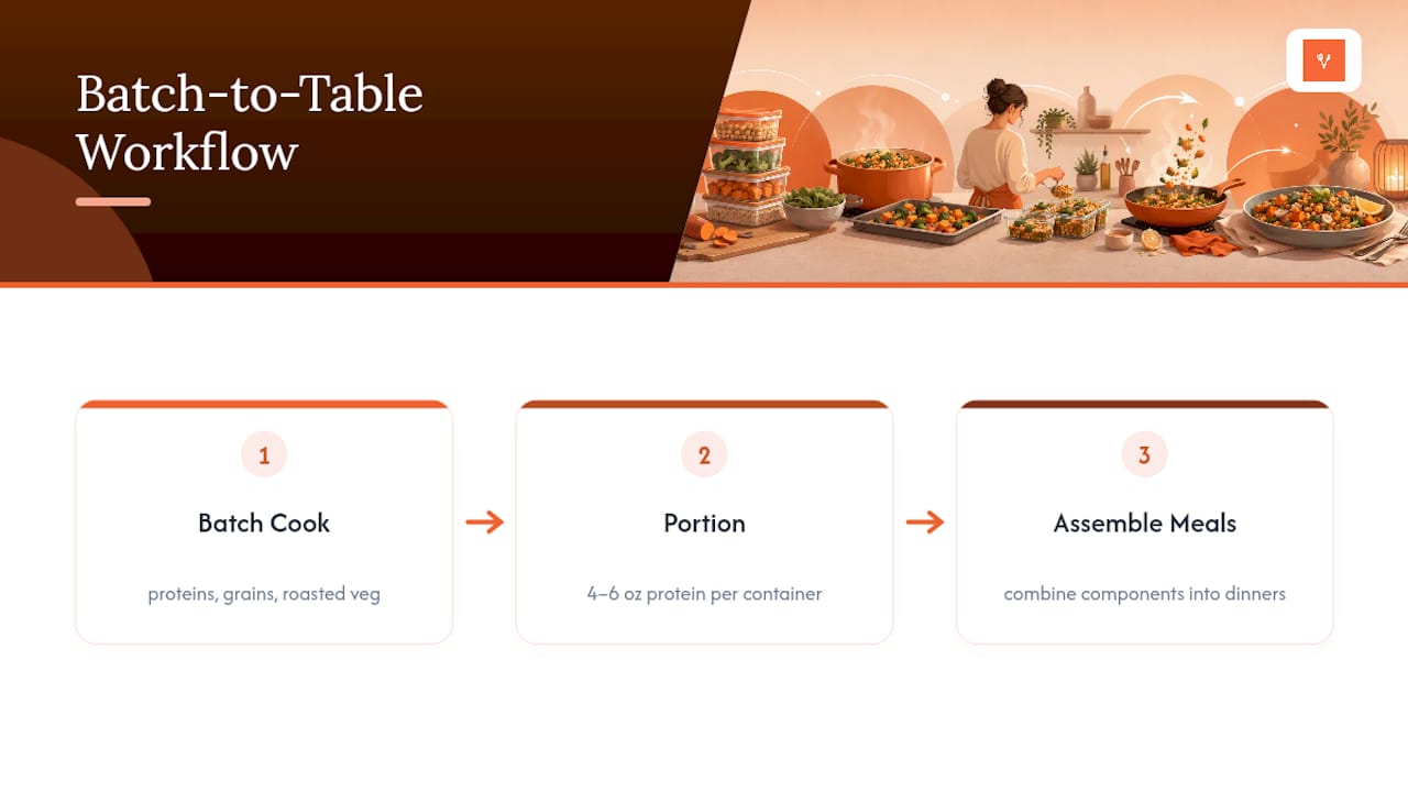 Diagram of batch cooking workflow for low calorie dinners