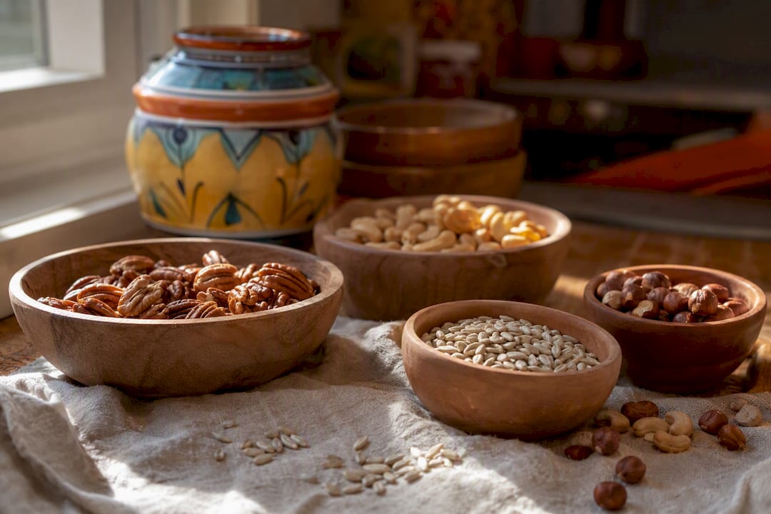 Wooden bowls of assorted nuts and seeds