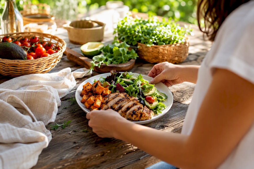 Heart-healthy plated family dinner with vegetables