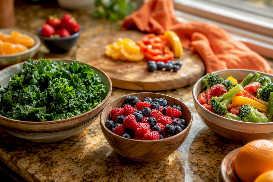 Assortment of fresh antioxidant rich vegetables and fruit