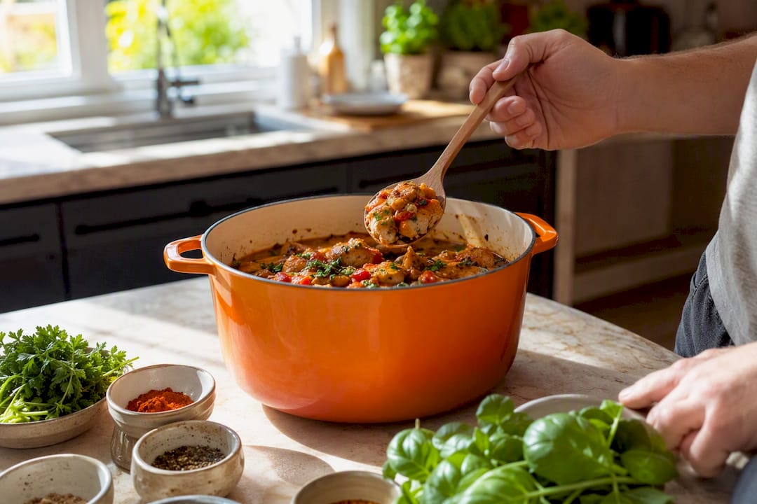 Wooden spoon tasting one-pot meal sauce