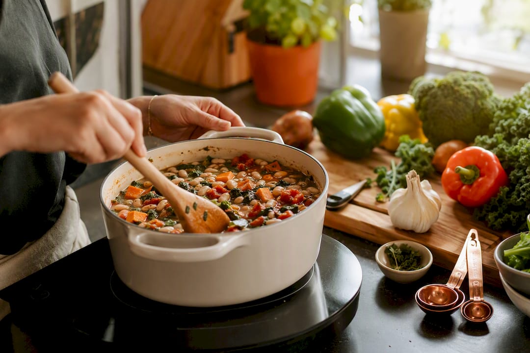Hands stirring one-pot dinner on stove