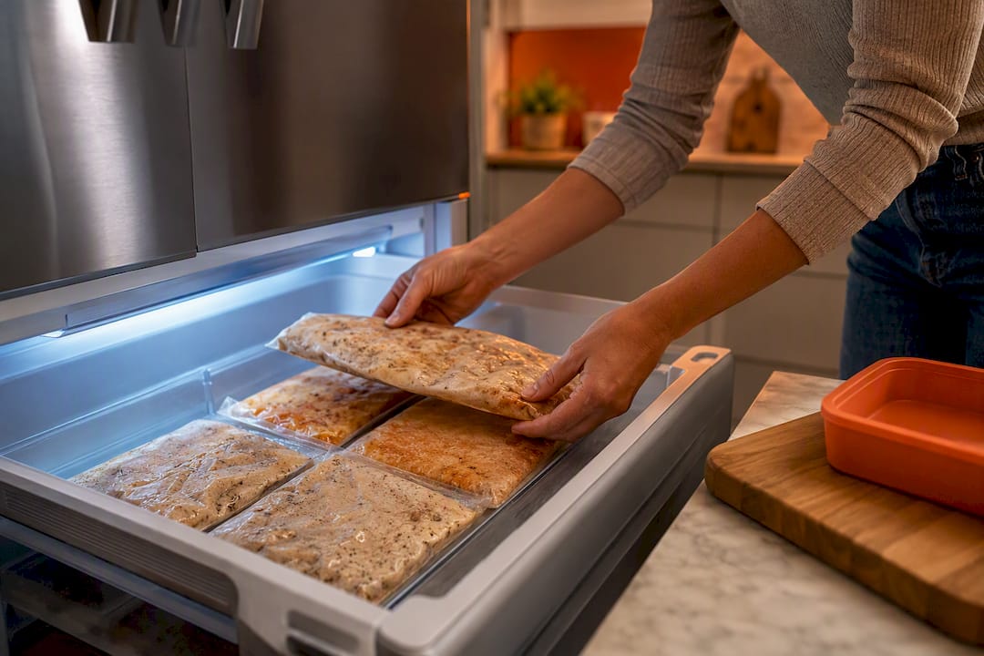 Dinner-sized protein portions arranged in freezer drawer