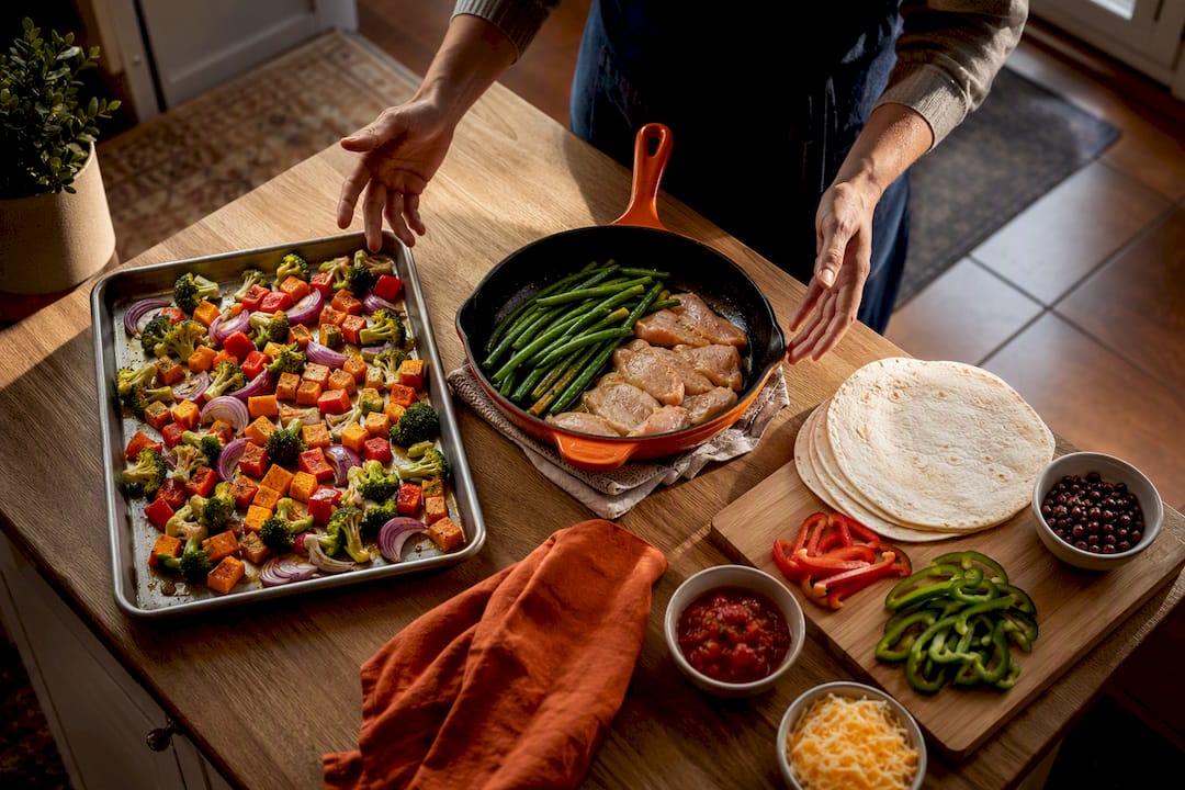 Three quick dinner cooking methods arranged on island