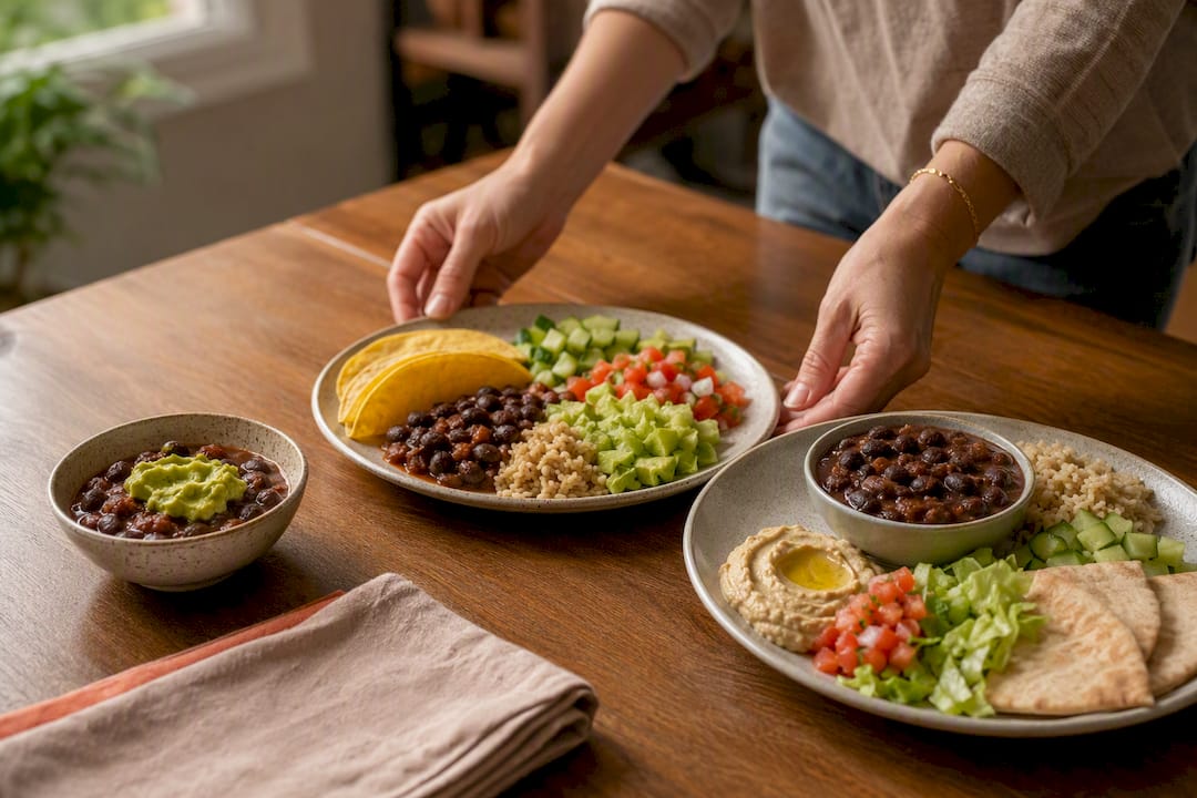 Three age-adapted vegan dinner plates
