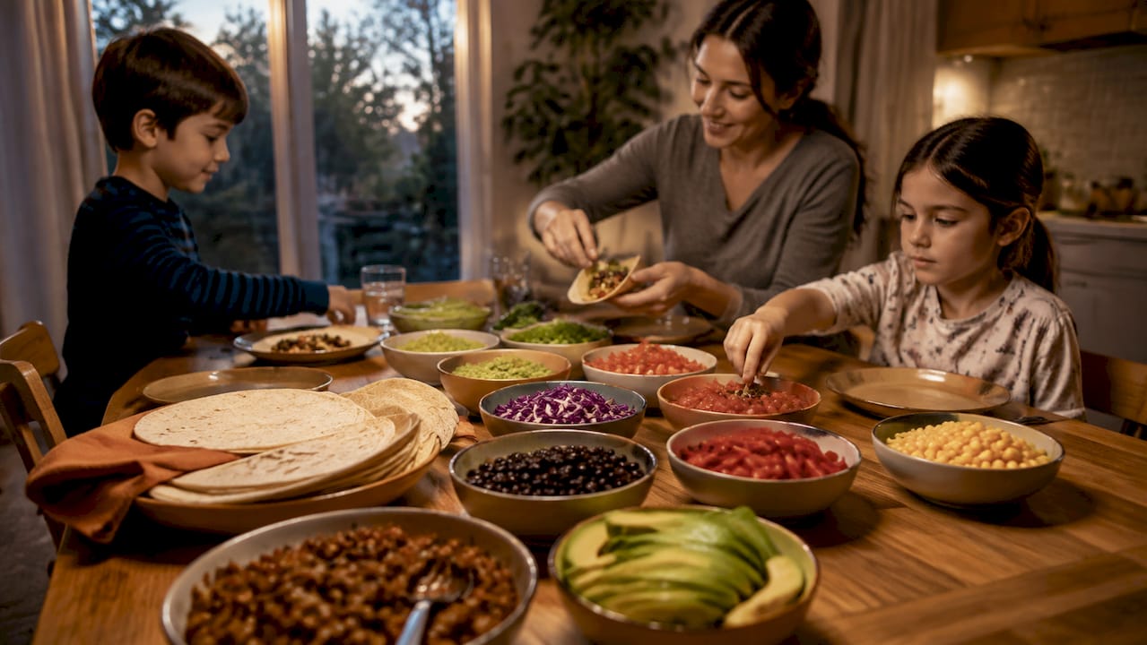 Family assembling a vegan taco dinner