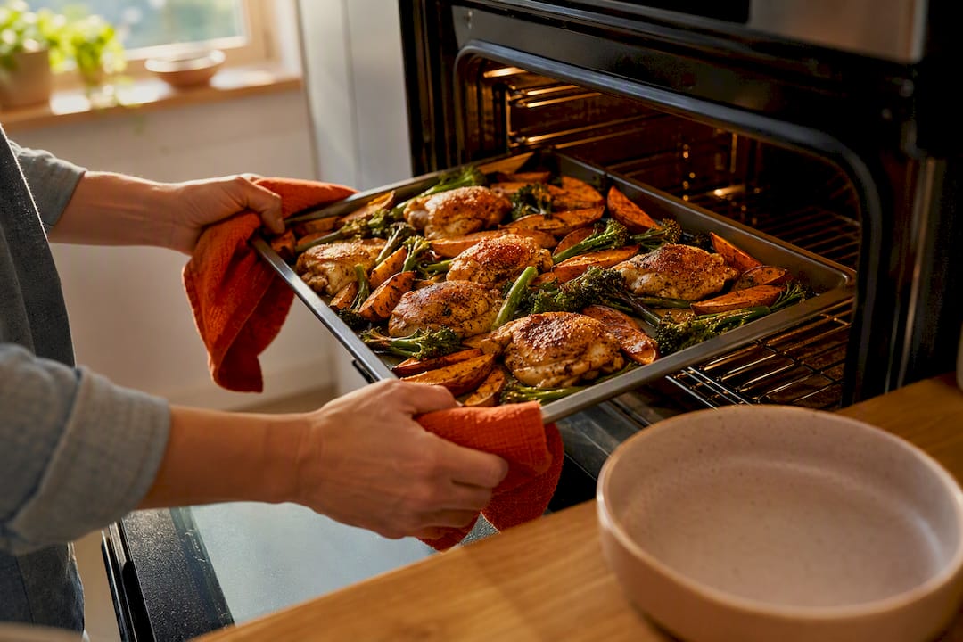 Healthy sheet pan dinner fresh from oven