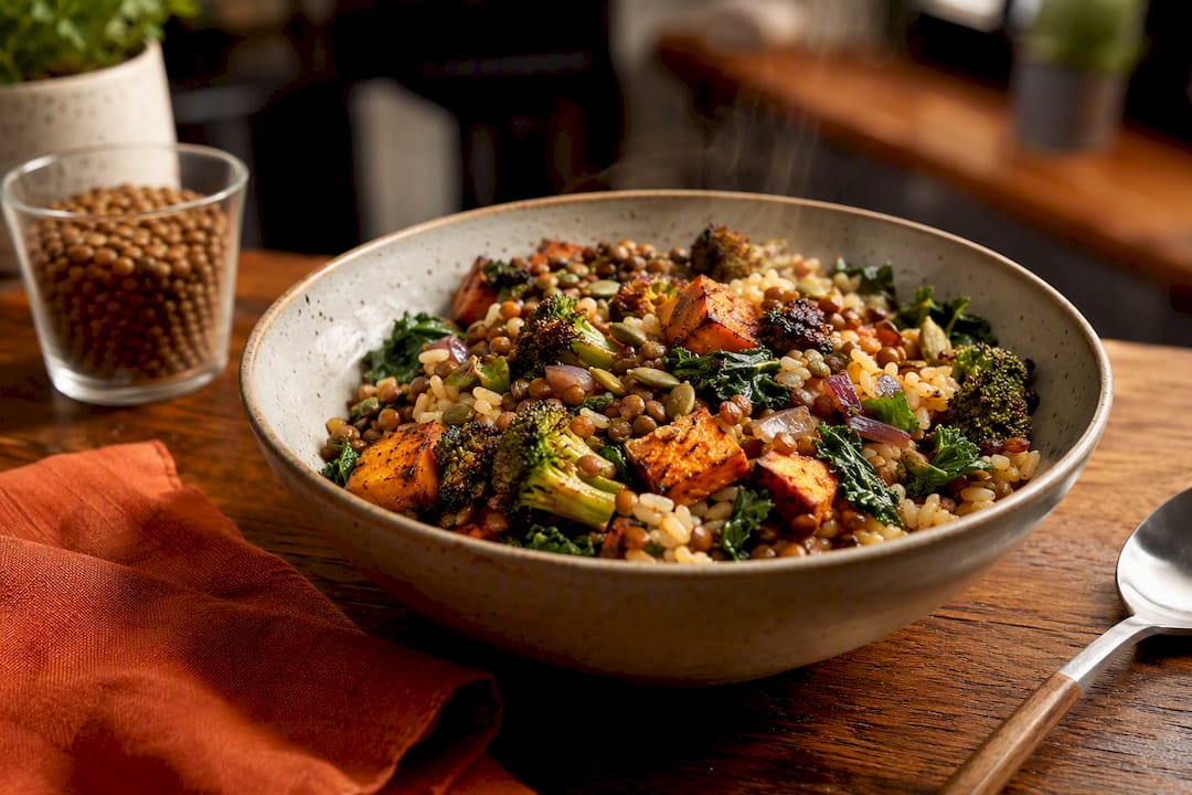 High-fiber lentil and brown rice dinner