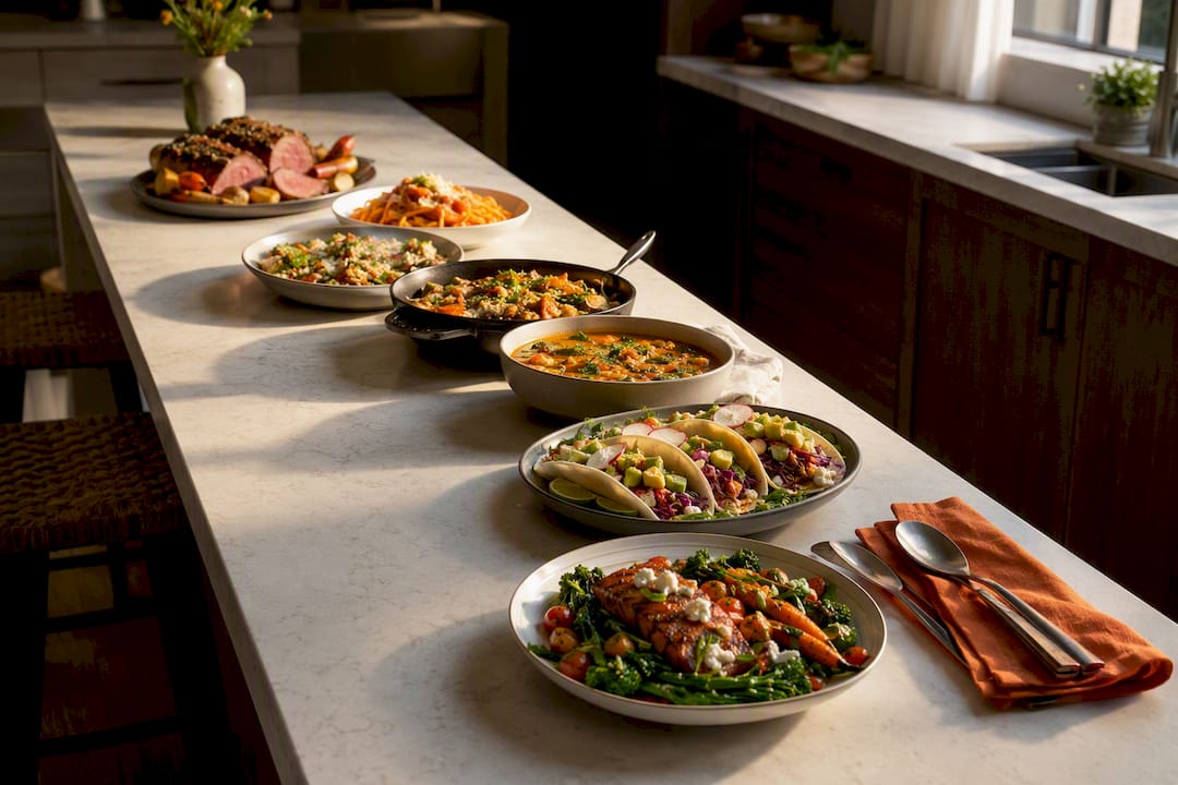 Seven varied dinners arranged for weekly planning