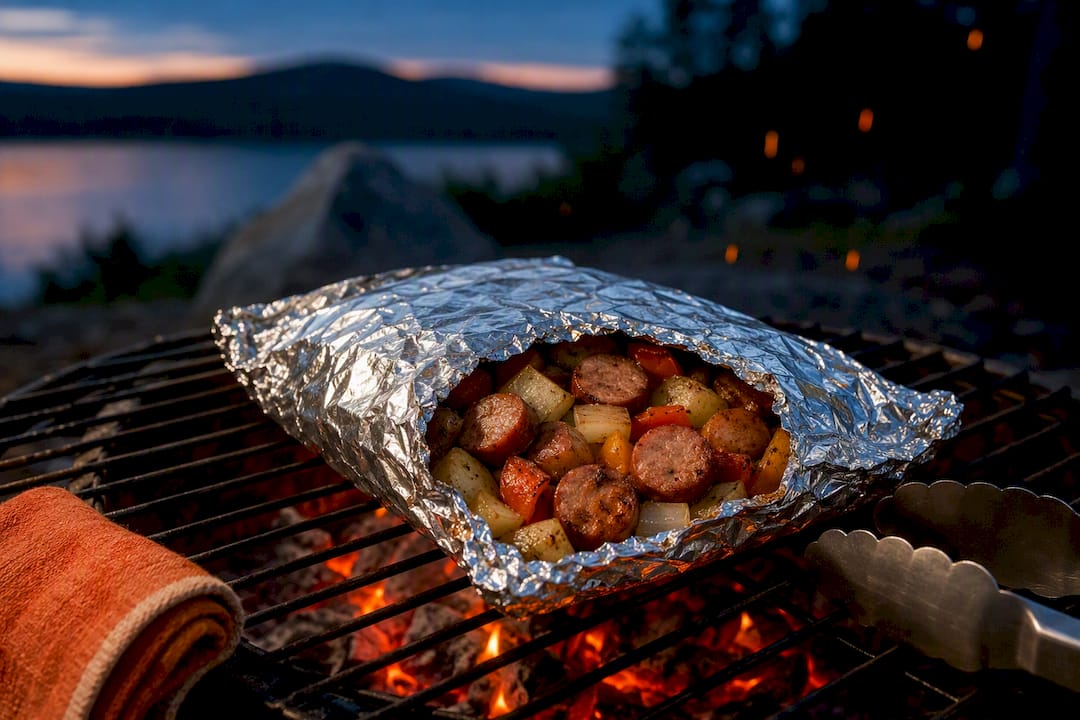 Foil packet dinner cooking over campfire coals