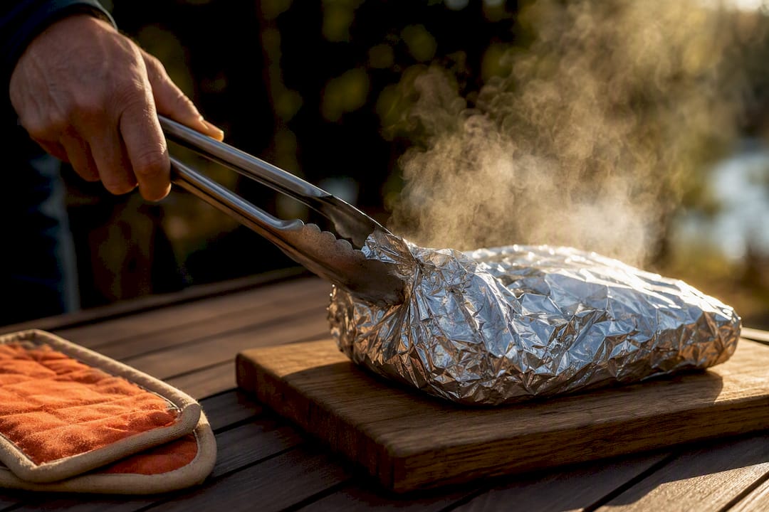 Tongs venting steam from foil packet