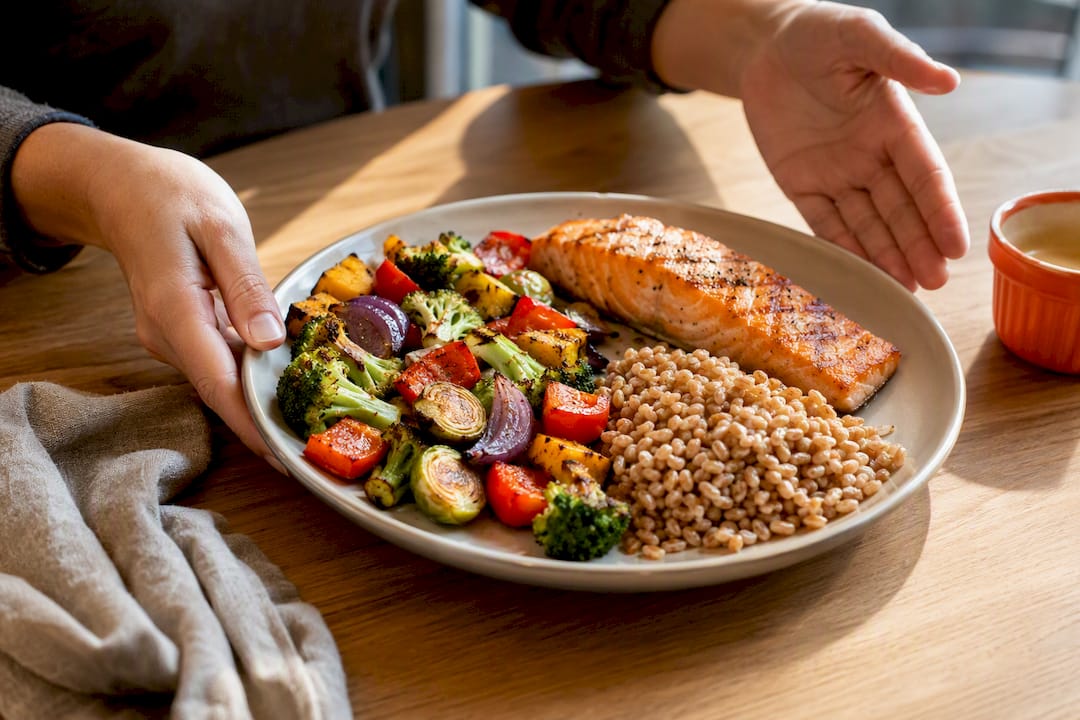 Balanced dinner plate with vegetables protein and grains