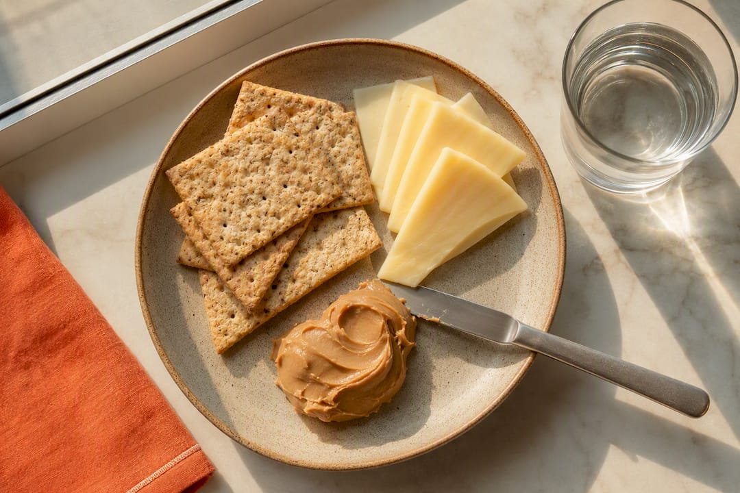Crackers paired with peanut butter and cheese