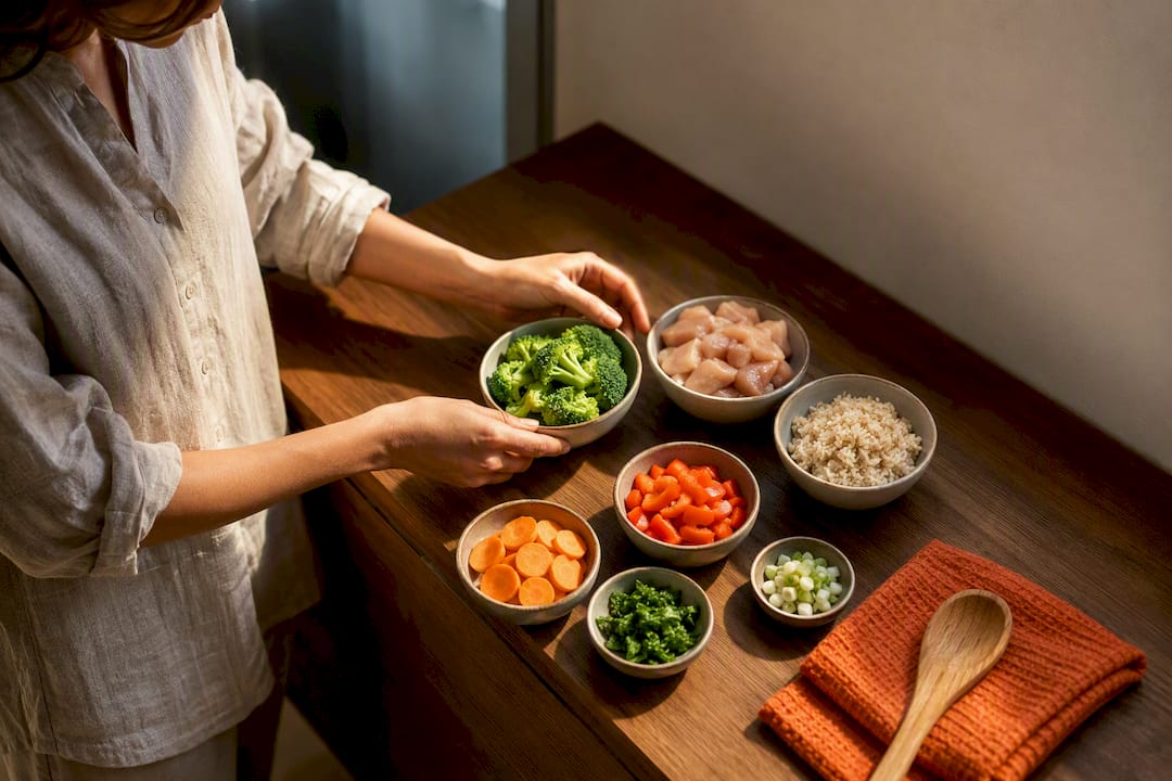 Hands grouping fridge ingredients for cooking