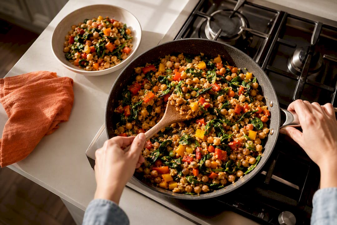 Hands cooking a colorful DASH skillet dinner