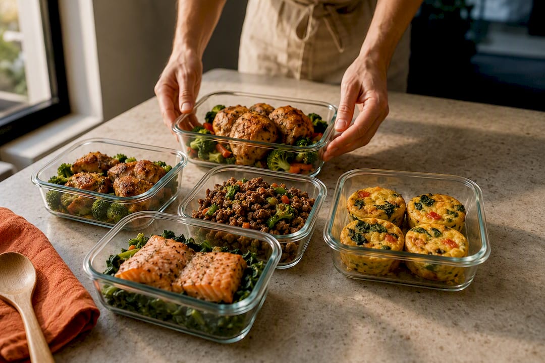 Keto meal prep containers arranged for the week