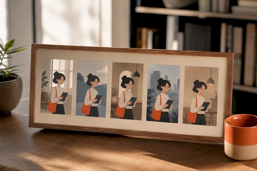 Same character repeated across five images